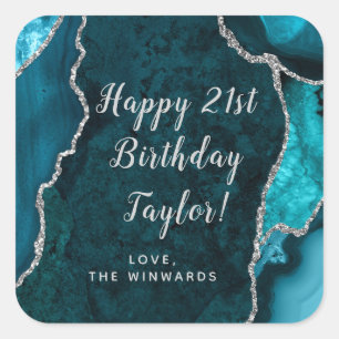 Sticker Carré Turquoise Blue et Silver Agate Joyeux anniversaire