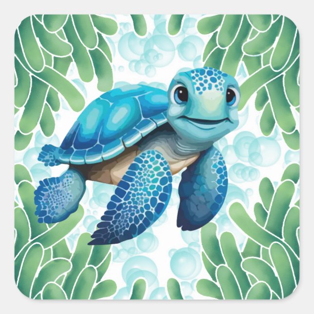 Sticker Carré Turquoise Blue Sea Turtle Seawey Boy Baby shower (Devant)