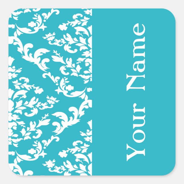 Sticker Carré Turquoise Bold Damask à Emporiomoffa avec nom (Devant)