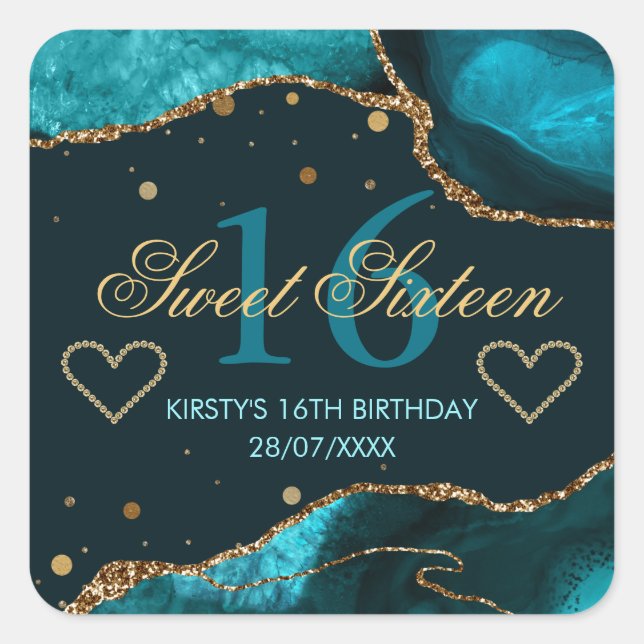 Sticker Carré Turquoise & Faux Or Glitter Agate Sweet 16 (Devant)