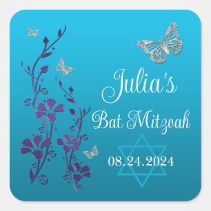 Sticker Carré Turquoise, Fleurs Violettes, Papillons Bar Mitzvah
