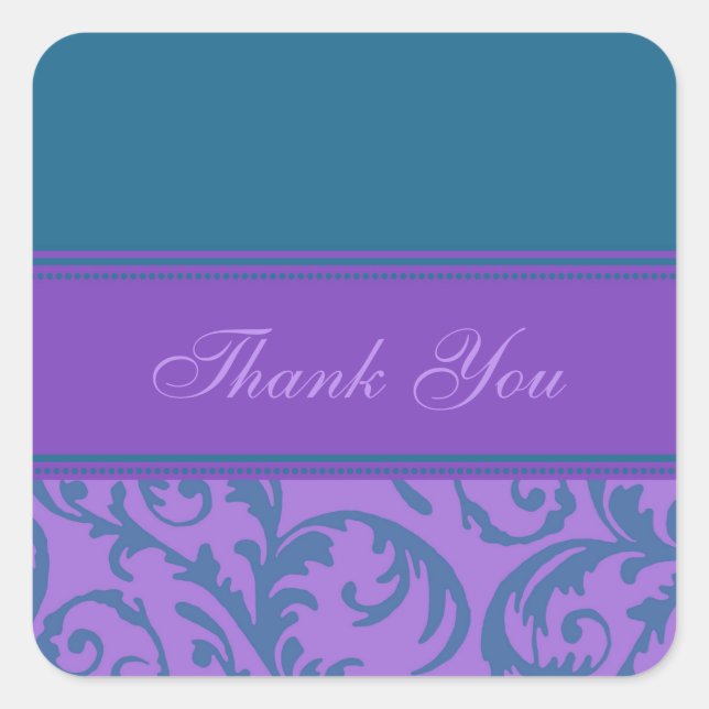Sticker Carré Turquoise Mariage Merci et violet (Devant)