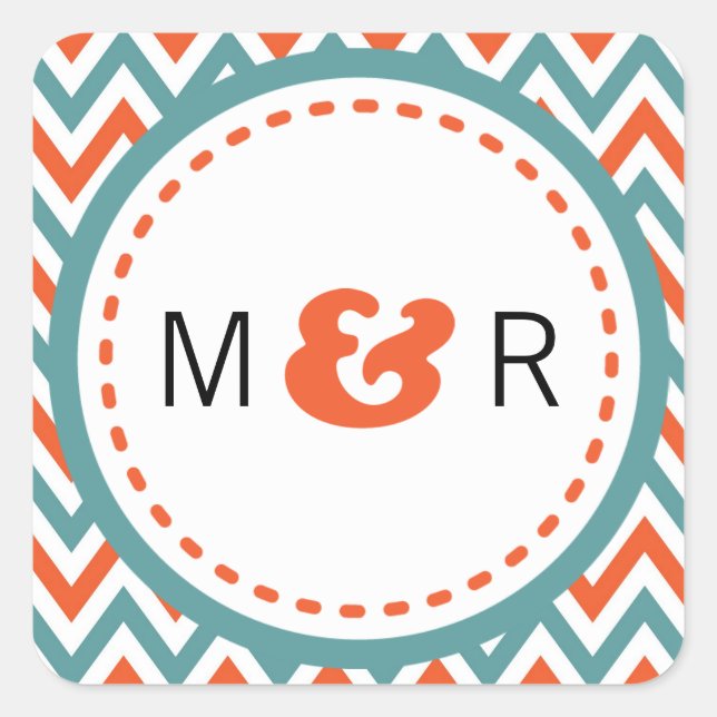 Sticker Carré Turquoise moderne & Orange Chevron & Lovebirds Mar (Devant)