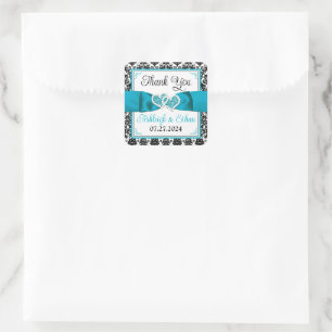 Sticker Carré Turquoise, Noir Damas Amour Coeurs Mariage Faveur
