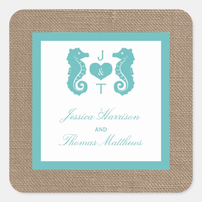 Sticker Carré Turquoise Seahorse Burlap Beach Wedding Collection (Devant)