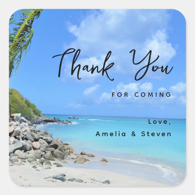 Sticker Carré Turquoise Tropical Beach Wedding Thank You (Devant)
