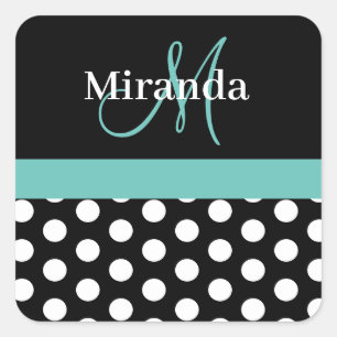 Sticker Carré Turquoise vert Monogramme noir blanc Polka point