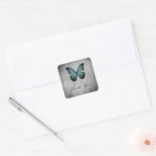 Sticker Carré Turquoise Vintage Papillon Mariage damassé Merci