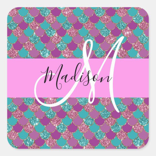 Sticker Carré Turquoise Violet Sirène Paillettes Monogramme (Devant)