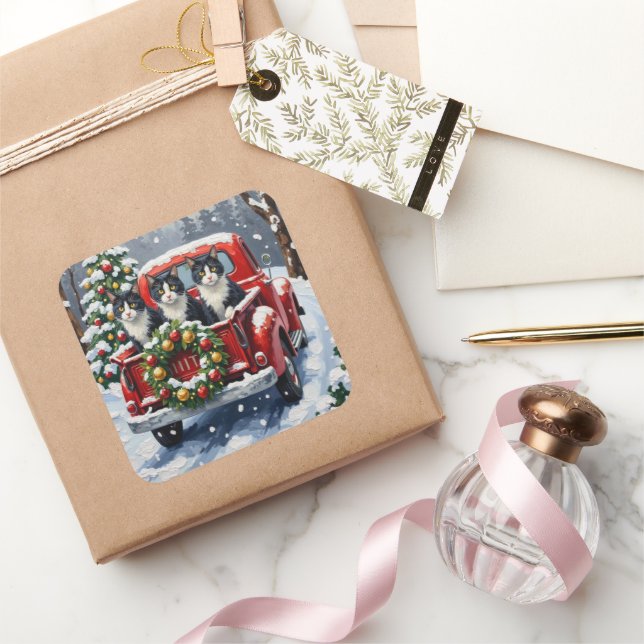 Sticker Carré Tuxedo Cat Christmas Red Truck Holiday (Cadeaux)