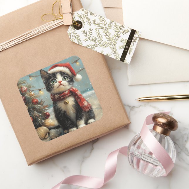 Sticker Carré Tuxedo Cat Christmas Vintage Beach (Cadeaux)