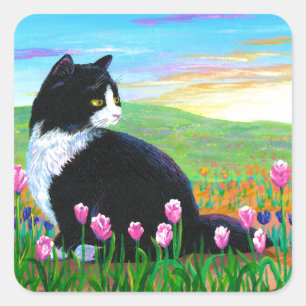 Sticker Carré Tuxedo Cat Tulips Créationarts