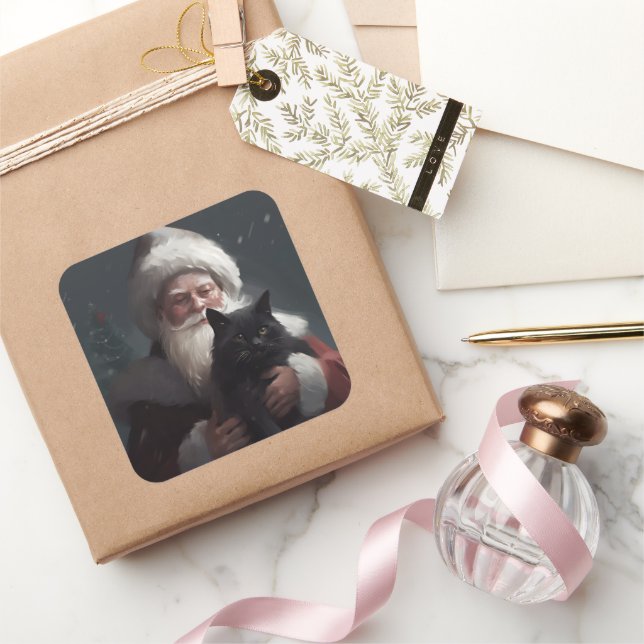 Sticker Carré Tuxedo Chat avec Noël Festif du Père Noël (Cadeaux)