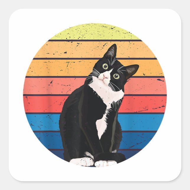 Sticker Carré Tuxedo Chat Cadeau Couleurs rétro pour Amoureux de (Devant)