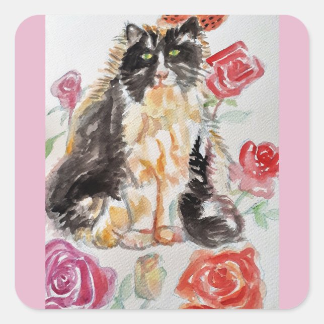 Sticker Carré Tuxedo Chat Cute Rose Fleurs Chats Aquarelle Rose (Devant)