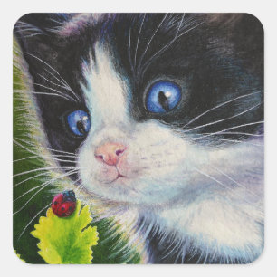 Sticker Carré Tuxedo Kitten et Ladybug Watercolor Art