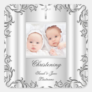 Sticker Carré Twin Baby Girl Garçon Christening Baptême Blanc