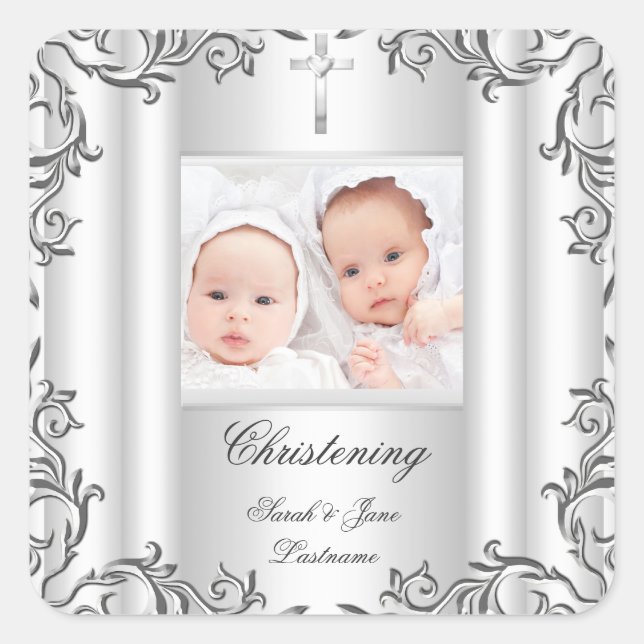 Sticker Carré Twin Baby Girl Garçon Christening Baptême Blanc (Devant)