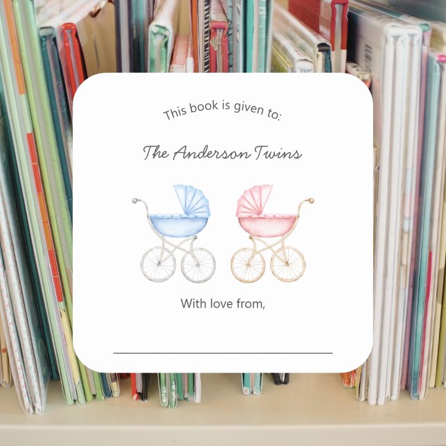 Sticker Carré Twin boy and girl Baby Shower bookplate (Créateur téléchargé)