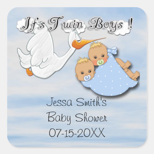 Sticker Carré Twin Boys Blonde - Stork Baby shower Favoriser aut (Devant)