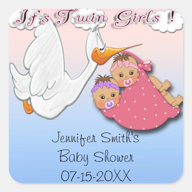 Sticker Carré Twin Girls BH - Stork Baby shower Favoriser les au (Devant)