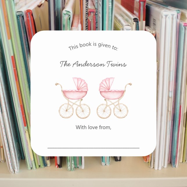 Sticker Carré Twin girls pink carriages Baby Shower (Créateur téléchargé)