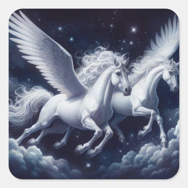 Sticker Carré Twin Pegasus contre le ciel bleu foncé (Devant)