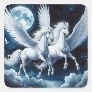 Sticker Carré Twin Pegasus volant avec la lune derrière eux