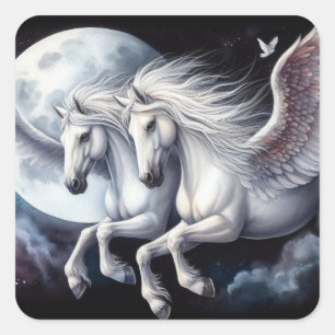 Sticker Carré Twin Pegasus volant devant la Lune