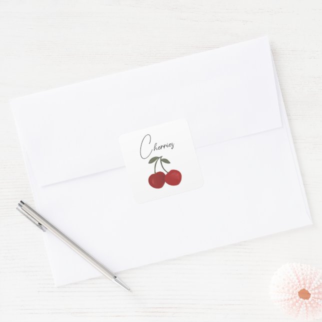 Sticker Carré Two Red Cherries Illustration | Cute Fruit Art  (Enveloppe)