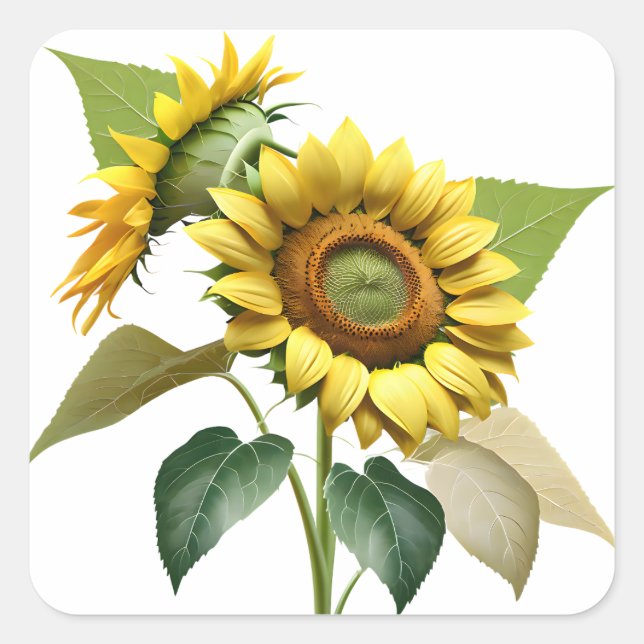 Sticker Carré Two Vibrant Sunflowers with Lush Green Leaves (Devant)