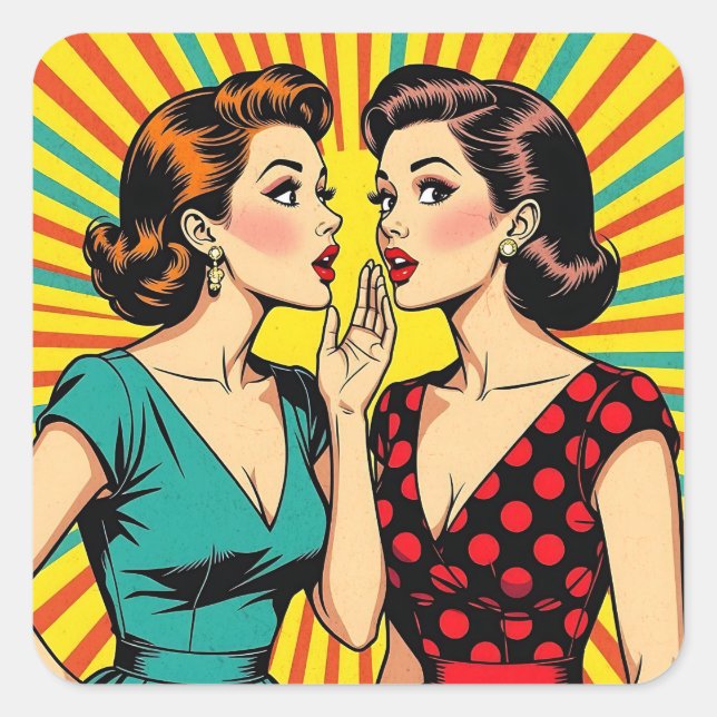 Sticker Carré Two Woman Gossiping Telling Secrets Pop Art (Devant)