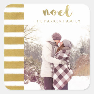 Sticker Carré Typographie de Noël Noel Faux Gold avec photo