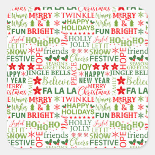 Sticker Carré Typographie de Noël Rouge & Vert Motif sans coutur