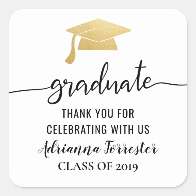 Sticker Carré Typographie Gold Graduate Hat | MERCI (Devant)