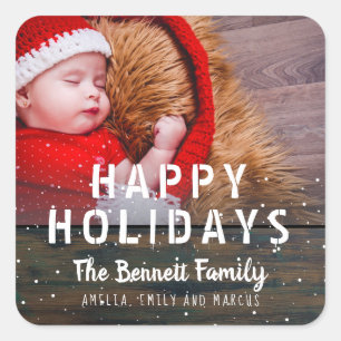 Sticker Carré Typographie Rustique en bois foncé Joyeuses vacanc