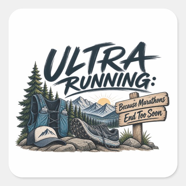 Sticker Carré Ultra Trail : Parce que les Marathons se Terminent (Devant)