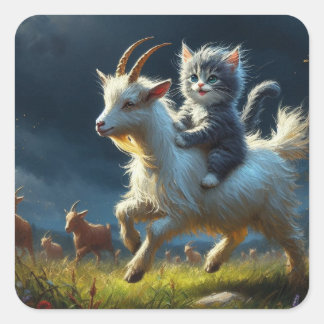 Sticker Carré Un adorable chat chevauchant une chèvre