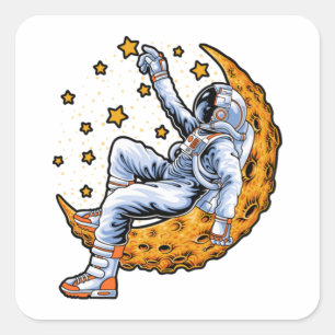 Sticker Carré Un astronaute assis sur la lune du croissant