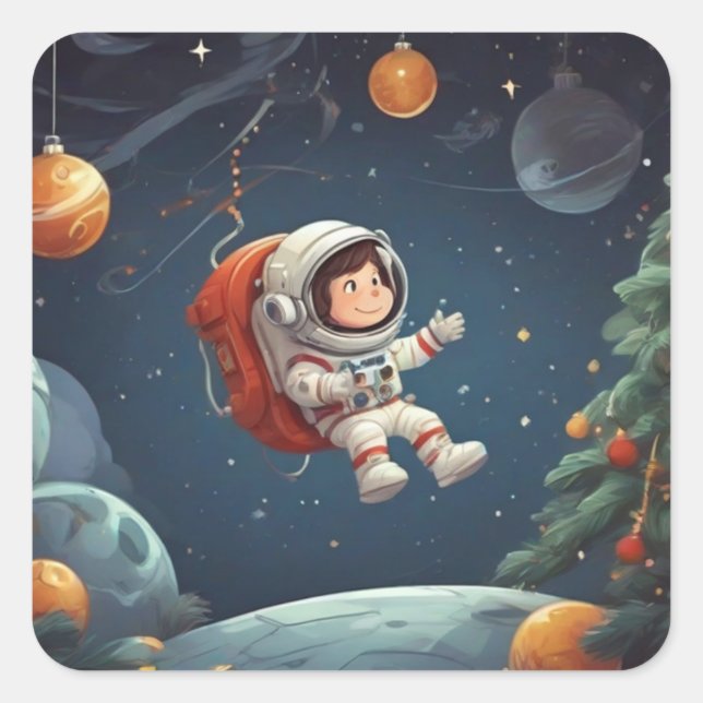 Sticker Carré Un astronaute flotte autour de l'arbre de Noël (Devant)