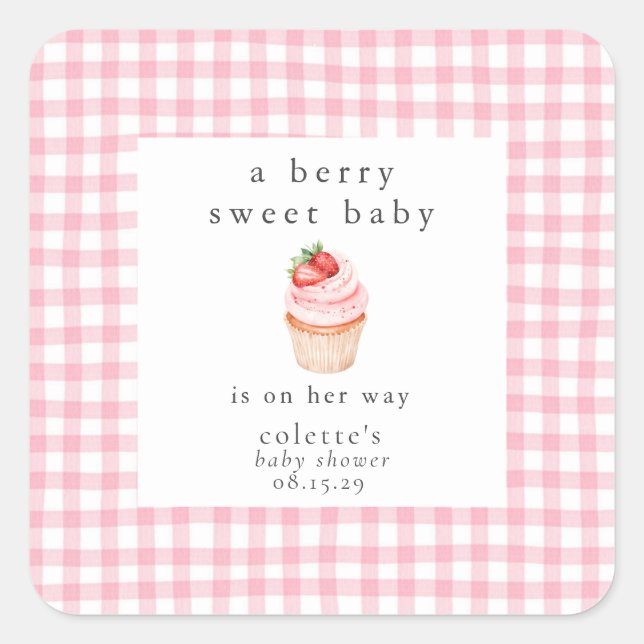 Sticker Carré Un Baby shower de fraise Berry Sweet Baby (Devant)