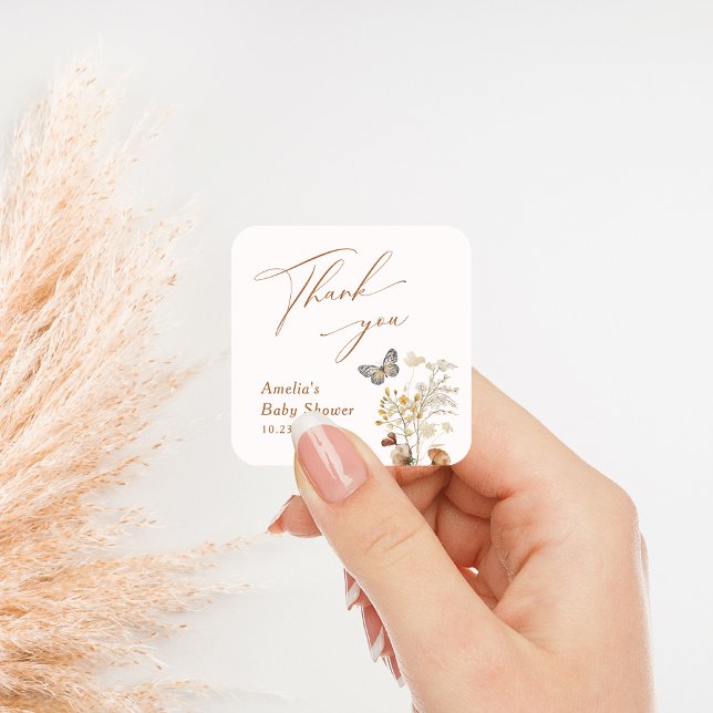 Sticker Carré Un Baby shower Fleur sauvage élégant petit papillo (Créateur téléchargé)