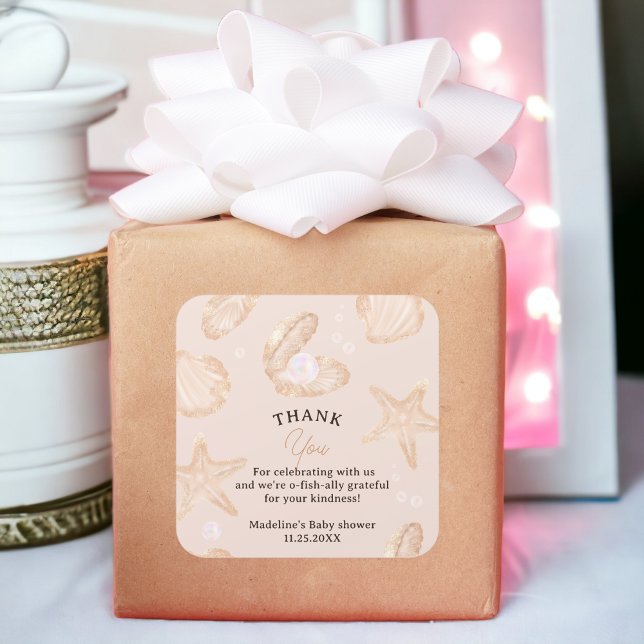 Sticker Carré Un beau baby shower de perles d'été (Cute summer ocean little pearl baby shower thank square sticker)