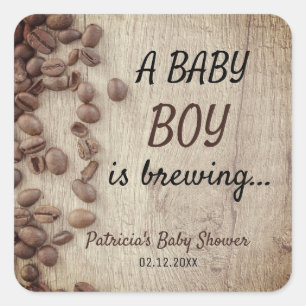 Sticker Carré Un bébé garçon se prépare Bois  Baby Shower Café