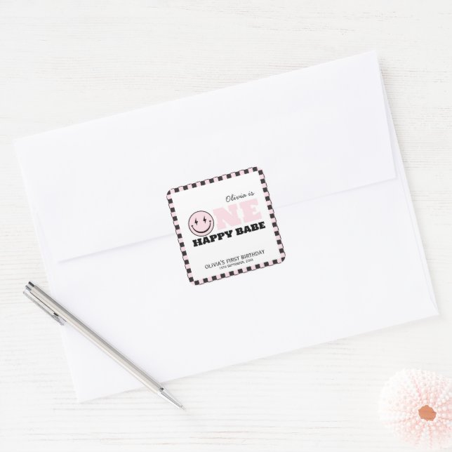 Sticker Carré Un bon bébé filles rose 1er anniversaire (Enveloppe)