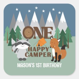 Sticker Carré Un campeur heureux, animaux mignons de la forêt, c