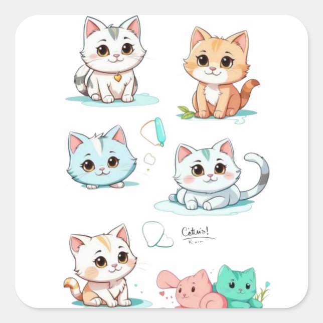 Sticker Carré Un chat de dessin animé en 2D (Devant)