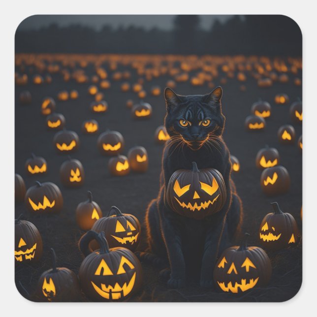 Sticker Carré Un chat d'Halloween avec un citrouille brillant (Devant)