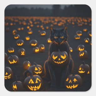 Sticker Carré Un chat d'Halloween avec une citrouille lumineuse