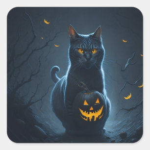Sticker Carré Un chat d'Halloween avec une jackolanterne lumineu